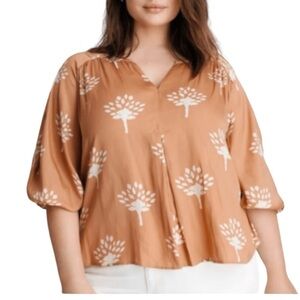 Anthropologie Dolan Alvian Tree Peasant 3/4 Sleeve V Neck Blouse Large Tan